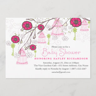 Invitation Baby shower de cage à oiseaux rose et v