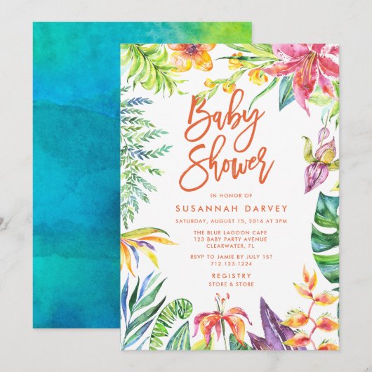 Invitation Baby shower de calligraphie à aquarelle tropicale (Devant / Derrière)