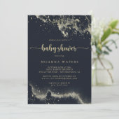 Invitation Baby shower de calligraphie à éclaboussures or Aqu (Debout devant)