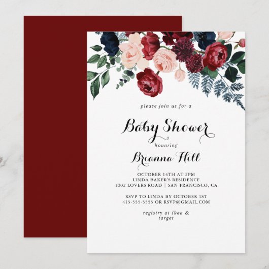 Invitation Baby shower de calligraphie florale de la marine b (Devant / Derrière)