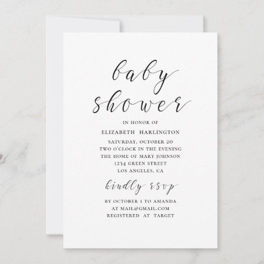 Invitation Baby shower de calligraphie moderne noir et blanc (Devant)