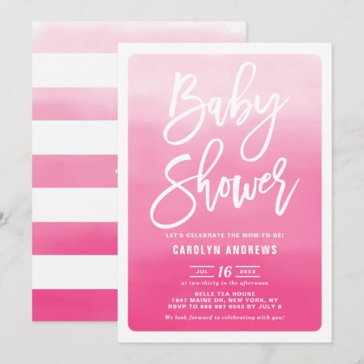 Invitation Baby shower de calligraphie moderne Pink Ombre (Devant / Derrière)