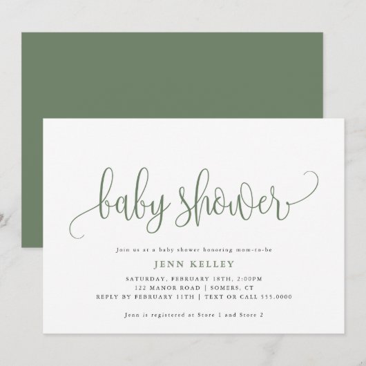 Invitation Baby shower de calligraphie Sage Green (Devant / Derrière)