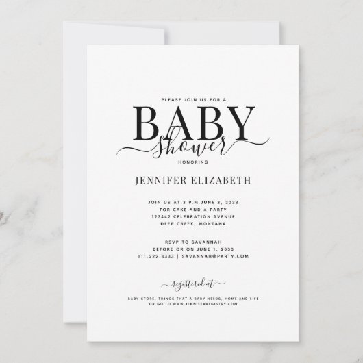 Invitation Baby shower de calligraphie simple (Devant)