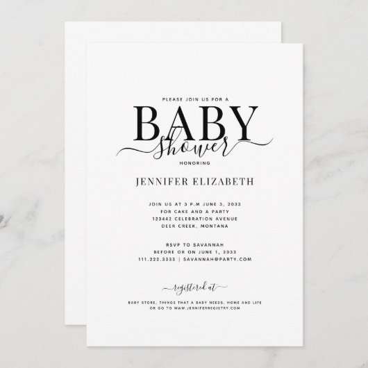 Invitation Baby shower de calligraphie simple (Devant / Derrière)