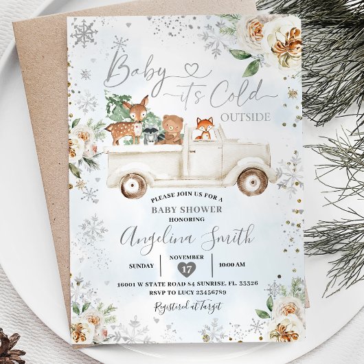Invitation Baby shower de camion à flocons d'argent blanc Flo