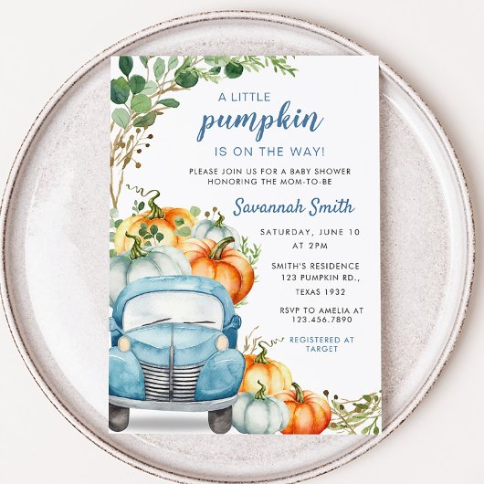 Invitation Baby shower de camion bleu petit Citrouille