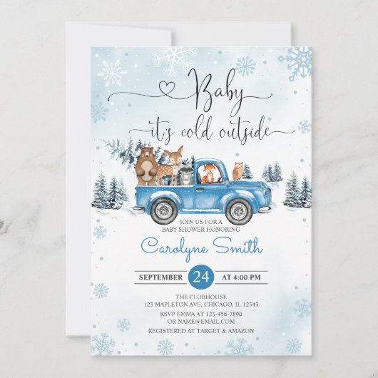 Invitation Baby shower de camion bleu Woodland d'hiver (Devant)