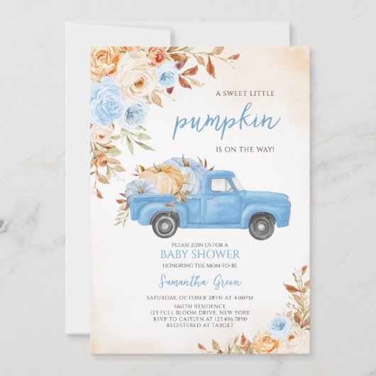 Invitation Baby shower de camion Citrouille bleu (Devant)