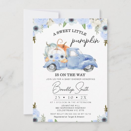 Invitation Baby shower de camion Citrouille Blue Floral Fall (Devant)