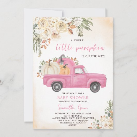 Invitation Baby shower de camion Citrouille rose (Devant)