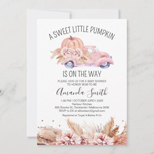 Invitation Baby shower de camion Citrouille rose Boho Automne (Devant)