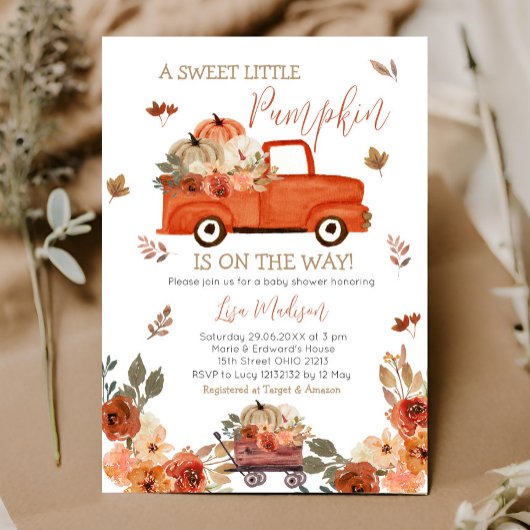 Invitation Baby shower de camion Citrouille rouge Feuilles d'