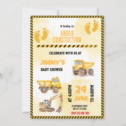 Invitation Baby shower de camion de construction (Devant)