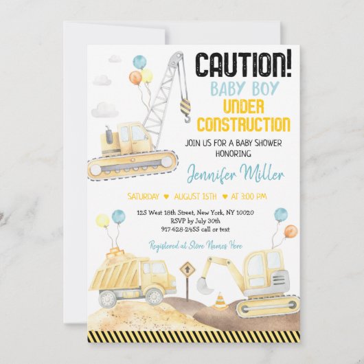 Invitation Baby shower de camion de pompage de construction (Devant)
