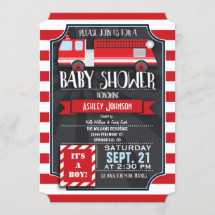 Invitation Baby shower de camion de pompier amusant, rouge et