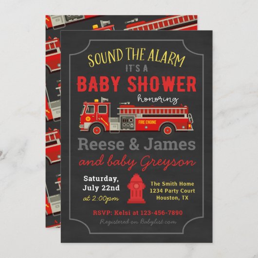 Invitation Baby shower de camion-feu | Camion-feu (Devant / Derrière)