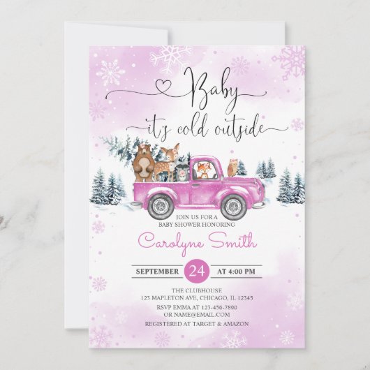 Invitation Baby shower de camion rose Woodland (Devant)
