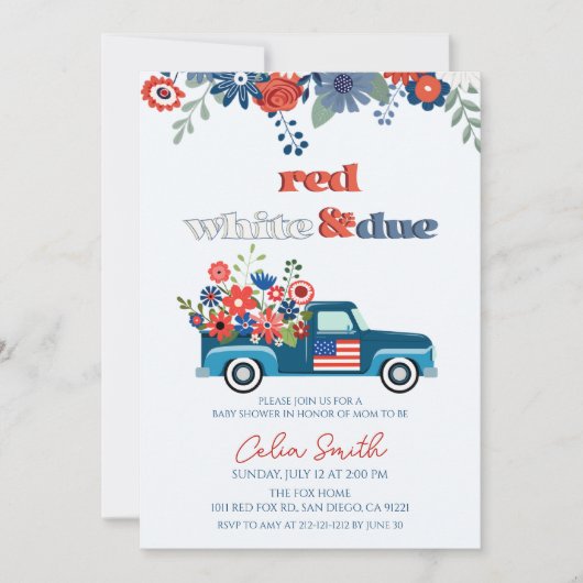 Invitation Baby shower de camion rouge, blanc et plein de fle (Devant)
