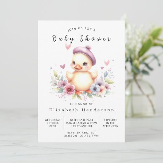Invitation Baby shower de canard en ligne pour filles (Debout devant)