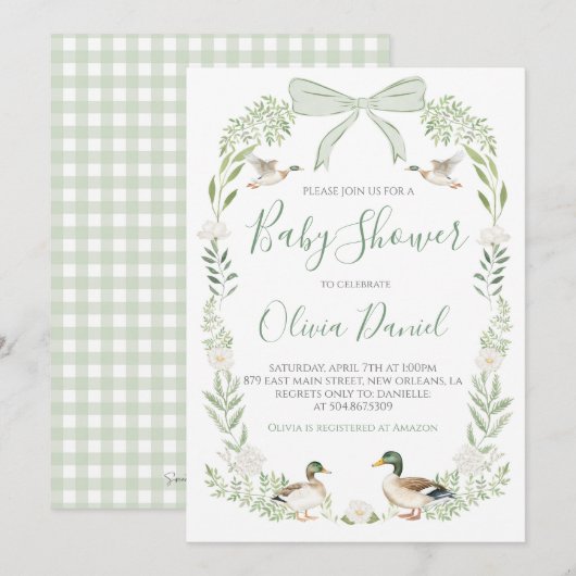 Invitation Baby shower de canard Preppy Coquette Sage Green (Devant / Derrière)