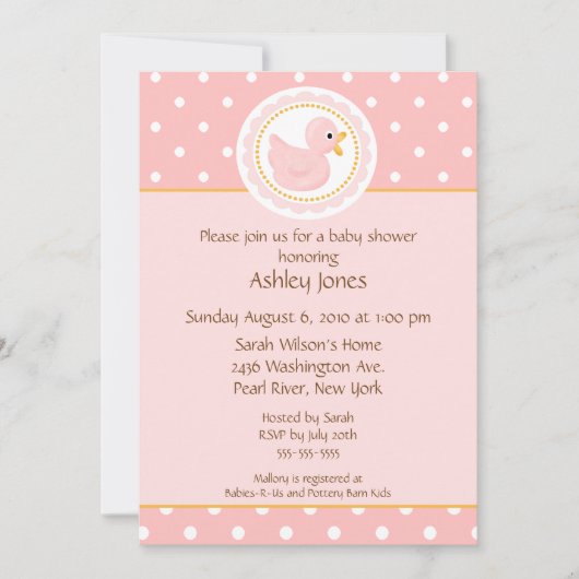 Invitation Baby shower de Canard rose (Devant)