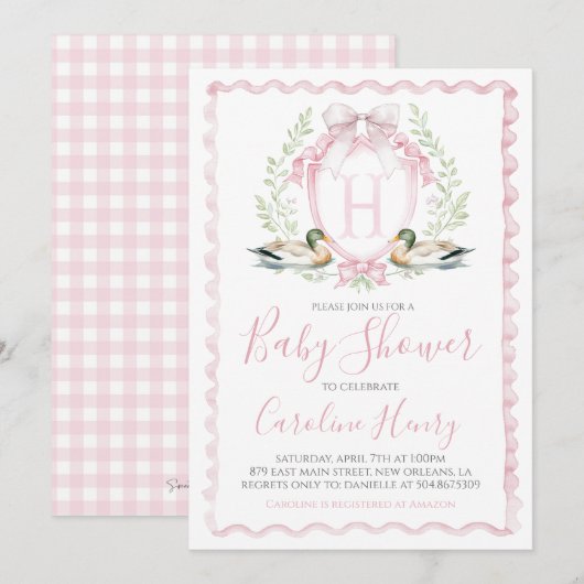 Invitation Baby shower de canard rose En vichy rose (Devant / Derrière)