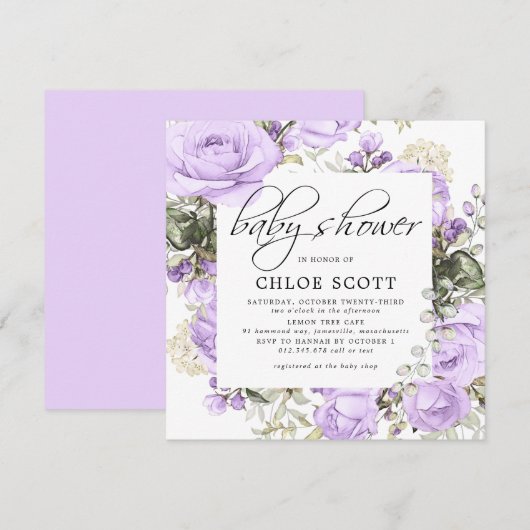 Invitation Baby shower de Carré Floral Rose violet (Devant / Derrière)