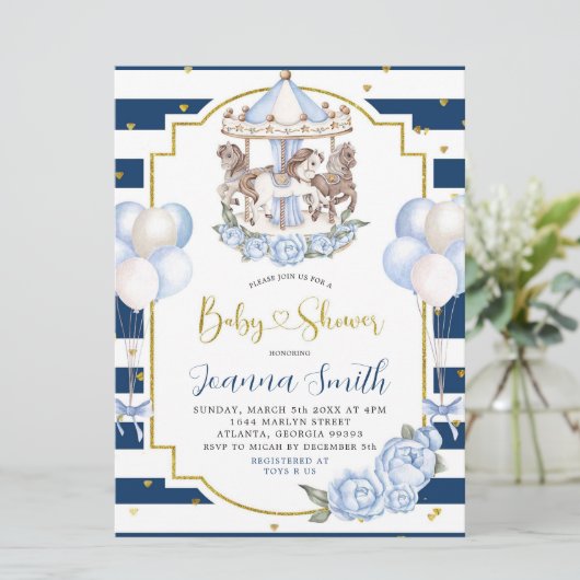 Invitation Baby shower de carrousel bleu et or Mar (Debout devant)