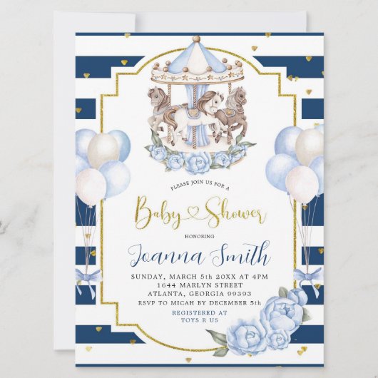Invitation Baby shower de carrousel bleu et or Mar (Devant)
