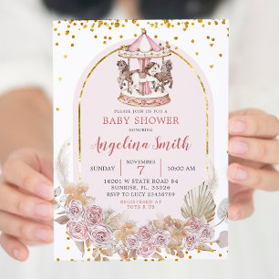 Invitation Baby shower de carrousel boho rose et or