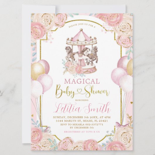 Invitation Baby shower de carrousel magique rose e (Devant)