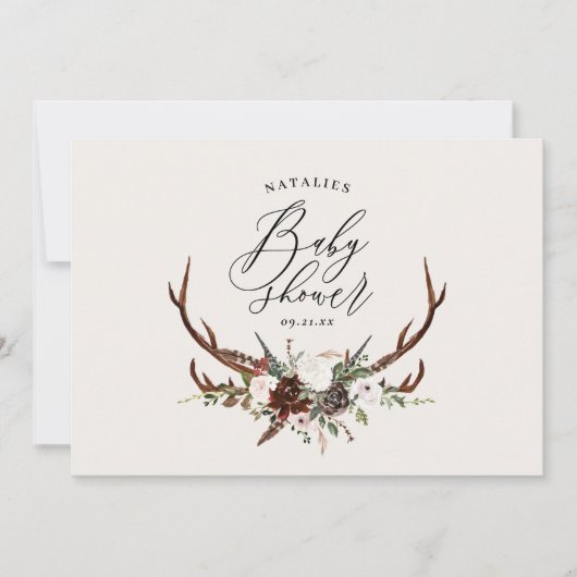Invitation Baby shower de cerf en script botanique rustique (Devant)