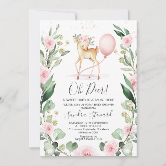 Invitation Baby shower de cerf rose rose rose rose rose (Devant)