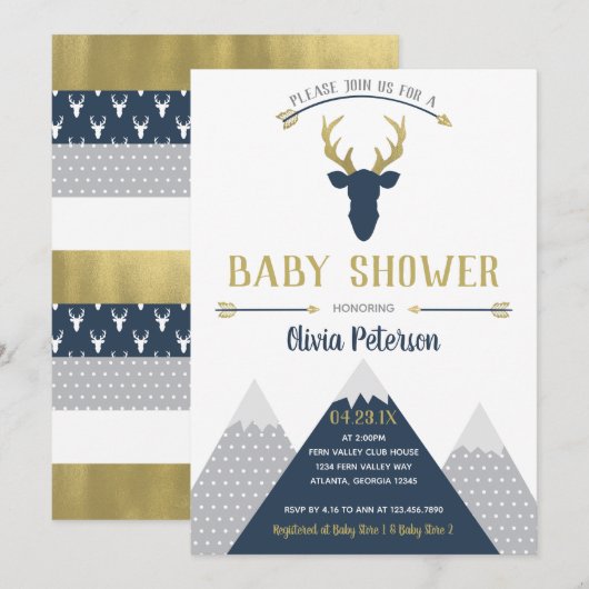 Invitation Baby shower de cerfs de bois, Faux Foil (Devant / Derrière)