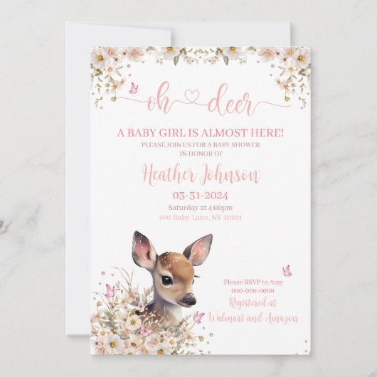 Invitation Baby shower de cerfs de bois fille (Devant)