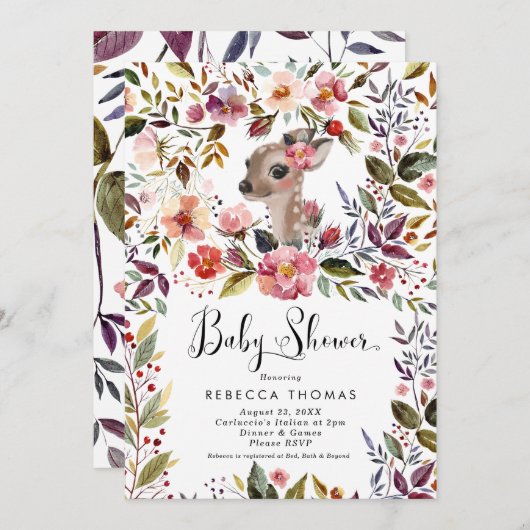 Invitation baby shower de cerfs et de fleurs mignons (Devant / Derrière)