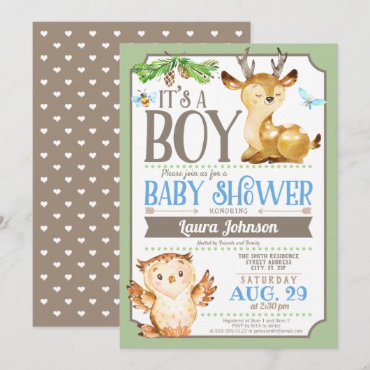 Invitation Baby shower de cerfs et de hibou de boi (Devant / Derrière)