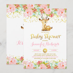 Invitation Baby shower de cerfs Floral Pink & Gold