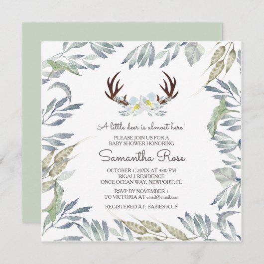 Invitation Baby shower de cerfs-voltigeurs - Carré (Devant / Derrière)