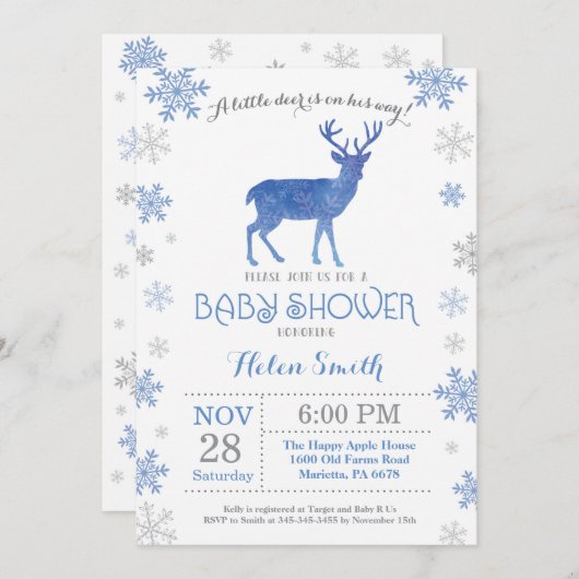 Invitation Baby shower de cerfs Winter Blue Boy Snowflake (Devant / Derrière)