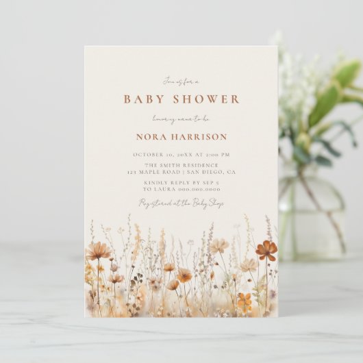Invitation Baby shower de champ Fleur sauvage d'automne (Debout devant)