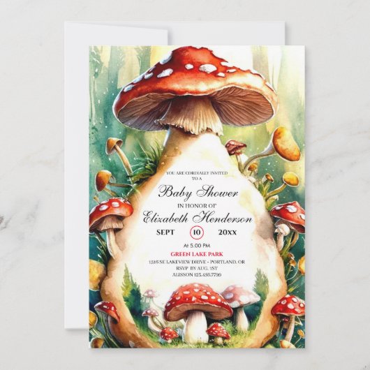 Invitation Baby shower de champignon à aquarelle modifiable (Devant)