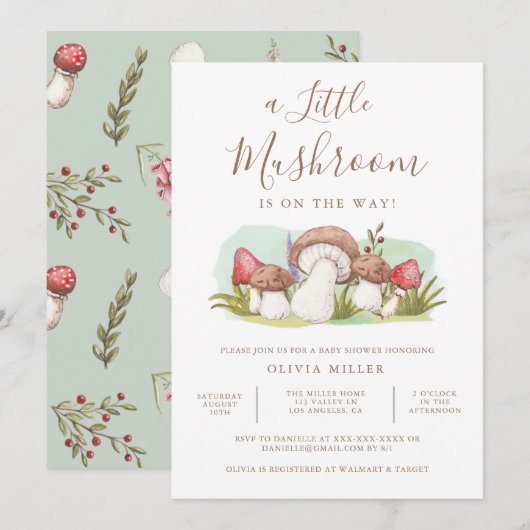 Invitation Baby shower de champignon d'aquarelle moderne (Devant / Derrière)