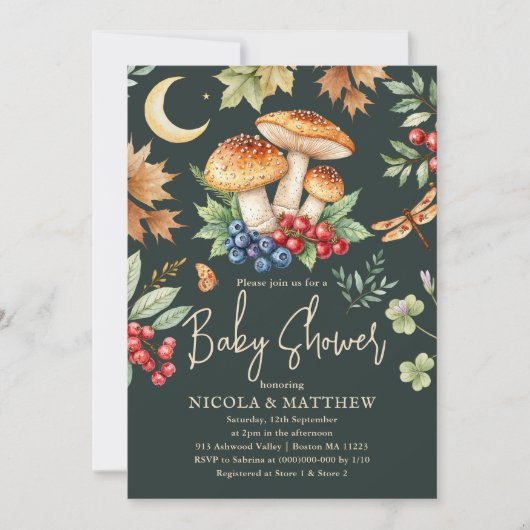 Invitation Baby shower de champignons de automne en bois fonc (Devant)