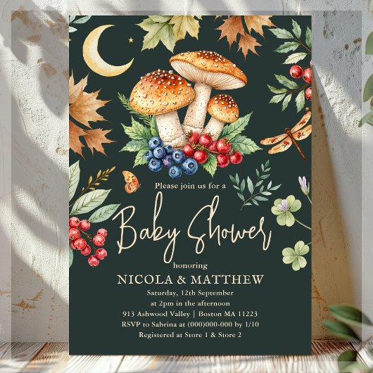 Invitation Baby shower de champignons de automne en bois fonc