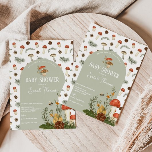 Invitation Baby shower de champignons et de fleurs