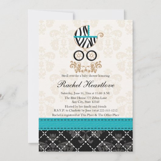 Invitation Baby shower de chariot d'impression de zèbre de (Devant)