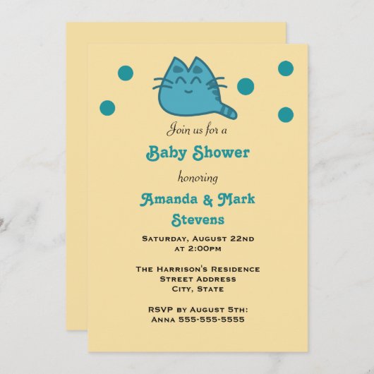 Invitation Baby shower de chat Kitty souriant bleu (Devant / Derrière)