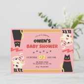 Invitation Baby shower de chat rétro rose noir (Debout devant)